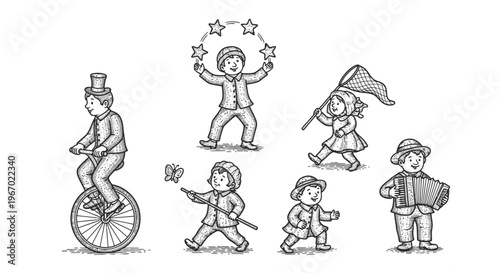 Children play with circus performers on white background illustration