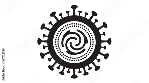 Virus particle black and white graphic with spike proteins and circular pattern, representing a disease or pathogen in abstract form.
