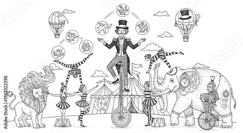 Circus performers and animals illustration in black and white style