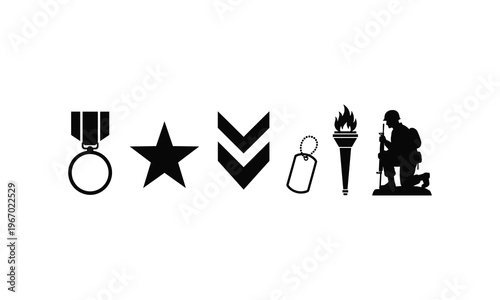 Army rank medal star and dog tag vector silhouette illustration for honors and memorials.