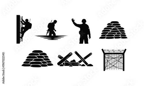 Army training and fortification silhouettes vector with sandbags and fence line art elements.