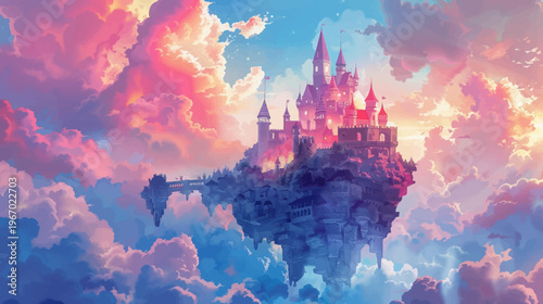 Fantasy castle floating above clouds in vibrant sky illustration