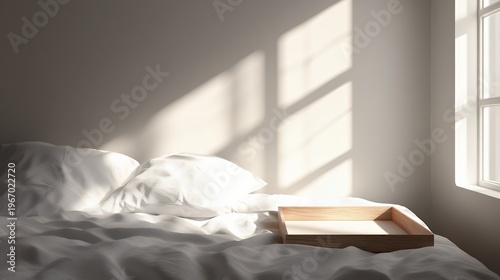 Morning sunlight casts window shadows on a bed in a minimalist room