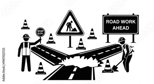 Road construction workers directing traffic around a broken road section.