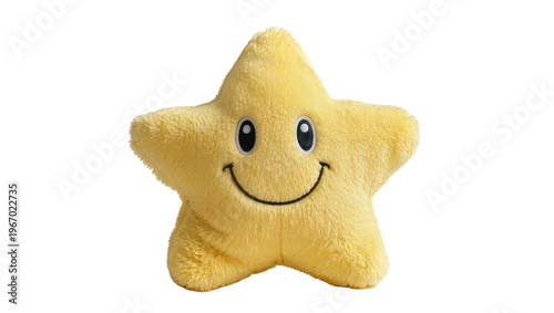 Fotografie Fluffy yellow star plush toy with happy face, isolated on transparent background