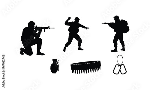Modern soldier combat poses silhouettes vector featuring grenade and equipment line art kit.