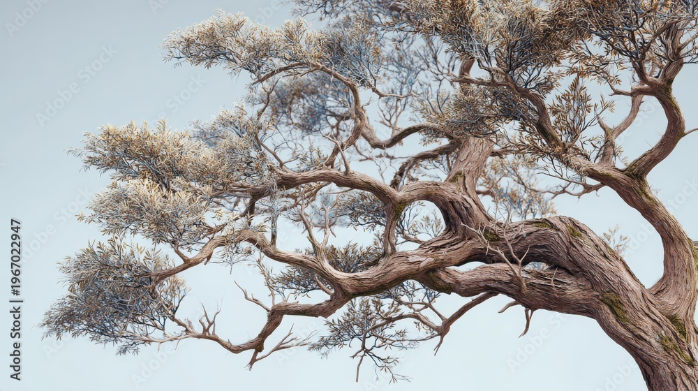 Fototapeta premium A stylized tree with a gnarled trunk and branches laden with silvery foliage against a light blue sky