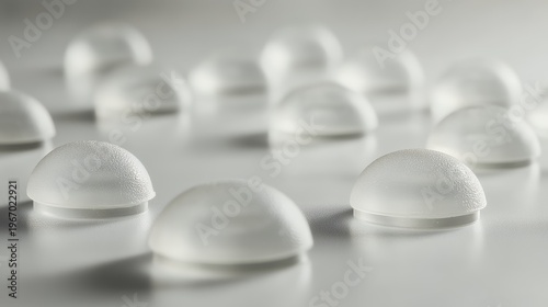 Multiple silicone breast implants arranged on a sterile reflective surface