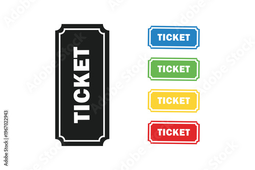 Collection of colorful rectangular and vertical ticket icons with the word 'TICKET' in white text on a black, blue, green, yellow, and red background.