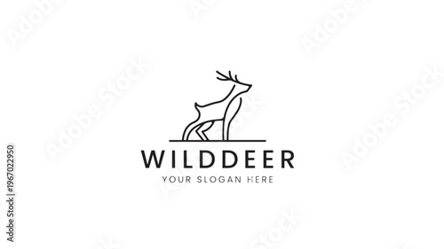 Deer standing elegantly with its antlers and the word Wild Deer and slogan placeholder beneath it. featuring animal, nature, forest with wildlife and
