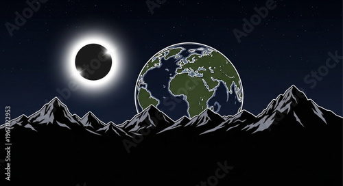 Solar eclipse over planet Earth seen from rocky mountains.