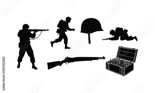 World war soldier with rifle silhouette vector illustration and ammunition equipment set.