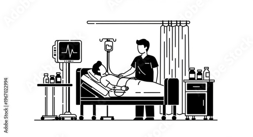 Doctor caring for patient in hospital bed with IV drip and monitor.
