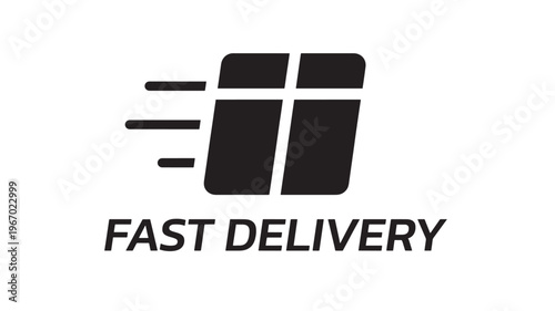 Icon of a rectangle with speed lines and the words 'FAST DELIVERY' in bold black letters, representing rapid shipping services.
