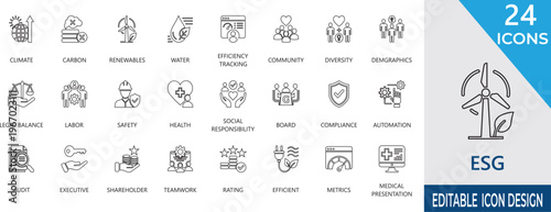 Editable line icon set for environmental social and governance metrics,  diversity, responsibility, sustainability ,  community,  recycling, conservation, and ethical business standards.