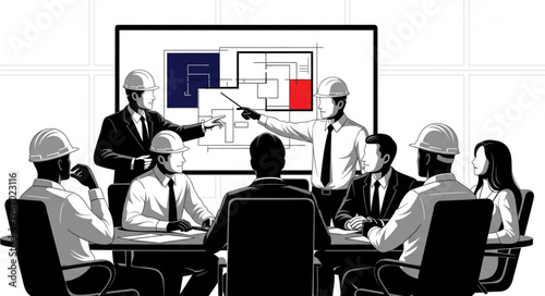 Construction team meeting discussing blueprints on a large screen.