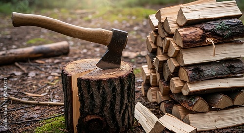 A sharp metal axe head is embedded into a wooden log next to a large pile of stacked firewood illustration