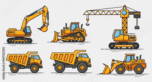 Collection of construction heavy machinery vehicles illustration.