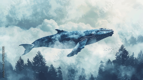 Fantasy artwork of a whale soaring above a forest in a dreamscape