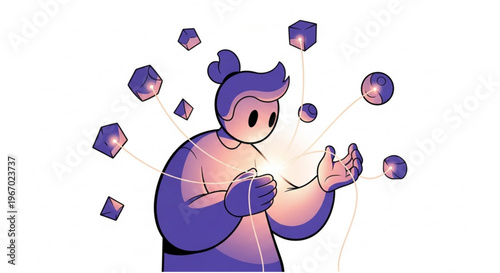 Abstract visualization of a person interacting with digital blocks and energy streams, representing innovation and creativity
