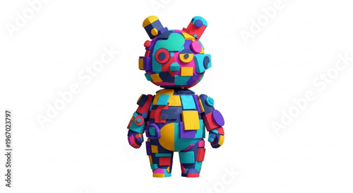 3D Render of a Colorful Toy Bear Made of Geometric Shapes