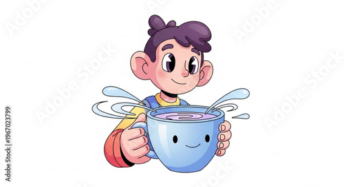 Whimsical character holding a steaming cup of a vibrant purple beverage, with splashes emanating from it, suggesting warmth and delight