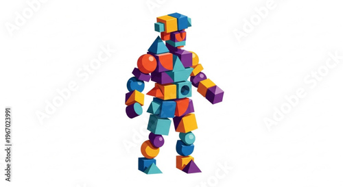 Abstract geometric robot figure constructed from colorful blocks and shapes on a white background, representing creativity and construction