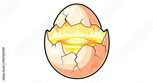 Dynamic illustration of a fractured egg emitting a vibrant, luminous energy burst, signifying growth and unleashed power