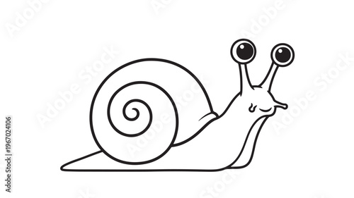 Snail cartoon character with large expressive eyes and a coiled shell, presented as a simple black and white line drawing on a white background.