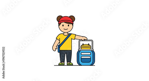Cheerful young person character with a suitcase, ready for an exciting vacation or trip, symbolizing adventure and exploring new destinations in a playful vector illustration