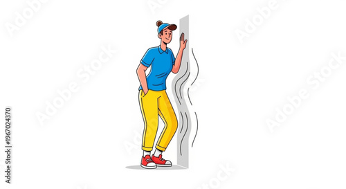 Person leaning against a wall, with a sense of relief and well-being, conveying relaxation and comfort after a challenging task or moment