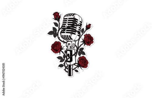 Botanical Vintage Microphone Silhouette Sticker, Dark Academia Musical Rose Vector, Edgy Alternative Vocalist Illustration