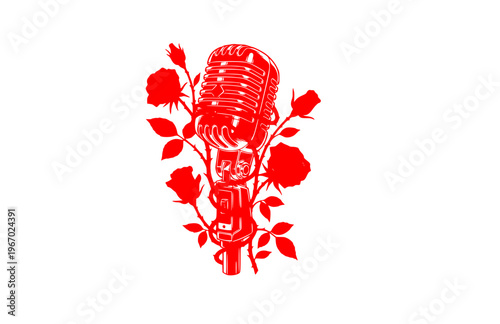 Botanical Vintage Microphone Silhouette Sticker, Dark Academia Musical Rose Vector, Edgy Alternative Vocalist Illustration