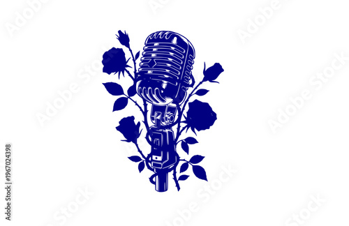 Botanical Vintage Microphone Silhouette Sticker, Dark Academia Musical Rose Vector, Edgy Alternative Vocalist Illustration