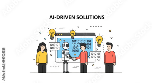 Artificial Intelligence Driven Solutions Web Landing Page Featuring Human and Robot Handshake for Business Innovation