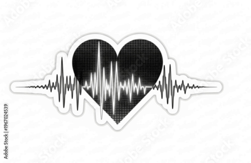 Audio Waveform Heart Music Silhouette Sticker, Next Gen Sound Pulse Vector, Modern High Tech Romantic Logo Illustration