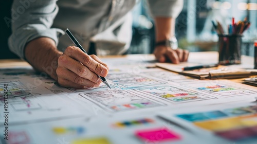A person sketches on paper filled with design layouts, showcasing mobile app wireframes. Colorful pencils and tools are nearby
