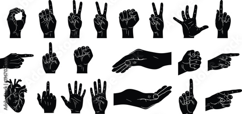 Silhouette human hands, gesture illustration vector, black and white art design, expressive communication, peace sign, pointing finger, symbolic posture, anatomical heart graphic