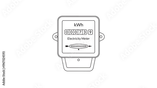 Electricity meter with kWh display and dial, illustrating power consumption measurement on a white background with a simple line drawing.