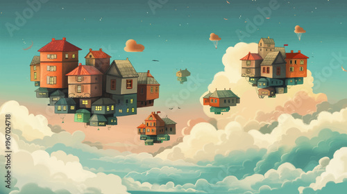 Fantasy illustration of floating houses in a dreamy sky with soft clouds
