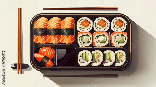 Delicious sushi platter with chopsticks and soy sauce presented on white