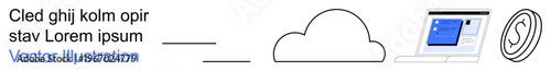 Cloud computing, remote work, data transfer, financial transactions, digital storage, technology systems. Image shows a cloud, laptop displaying software and a currency coin. Cloud computing