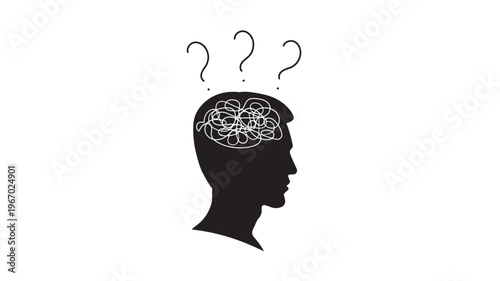 Head silhouette with tangled thoughts and question marks, symbolizing confusion and indecision for complex problems.