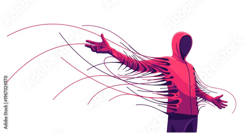Abstract illustration of a person breaking apart into red streams against a white background, symbolizing transformation or release