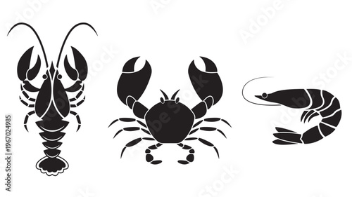Lobster, crab, and shrimp icons with simple black silhouettes on a clean white background for design.