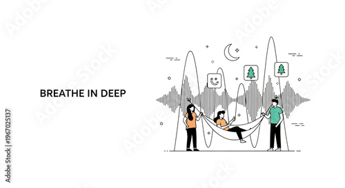 Mental health app UI for relaxation sounds and deep breathing meditation exercises for stress relief