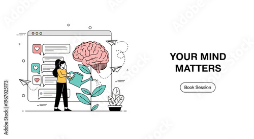Mental health woman watering brain plant on chat interface for online therapy support and session booking