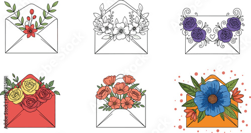 Bild auf Leinwand Vector Set of Floral Envelopes with Roses, Flowers, and Leaves, Elegant Illustra