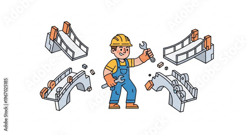 Dedicated construction worker focused on repairing and constructing various bridge designs, representing essential infrastructure development, maintenance, and engineering expertise
