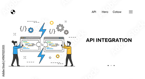 Flat vector design illustration for API integration showing people connecting software applications through programming and web development interface systems